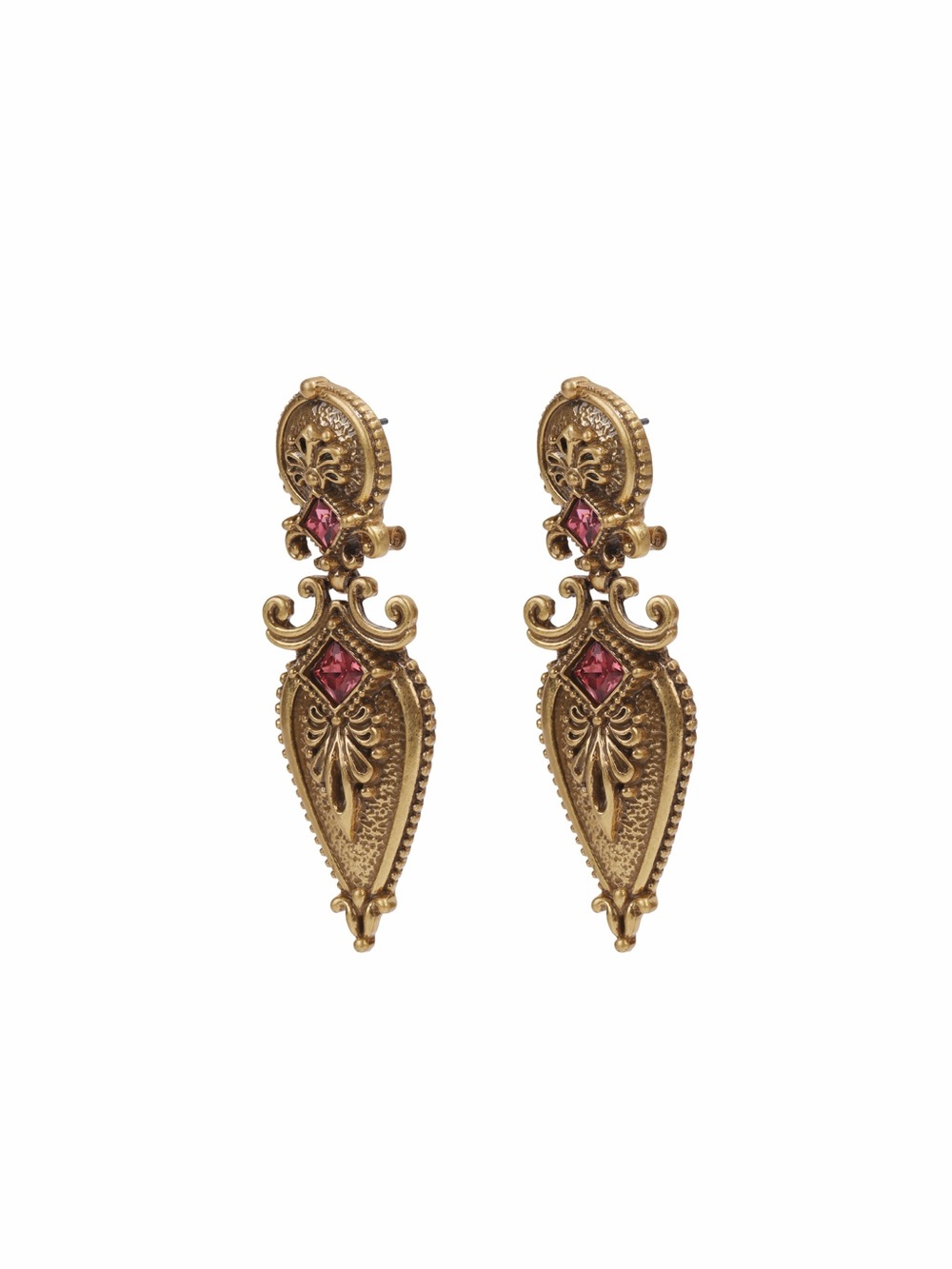 Gold Filigree Drop Earrings with Pink Stone Accent 925s posts